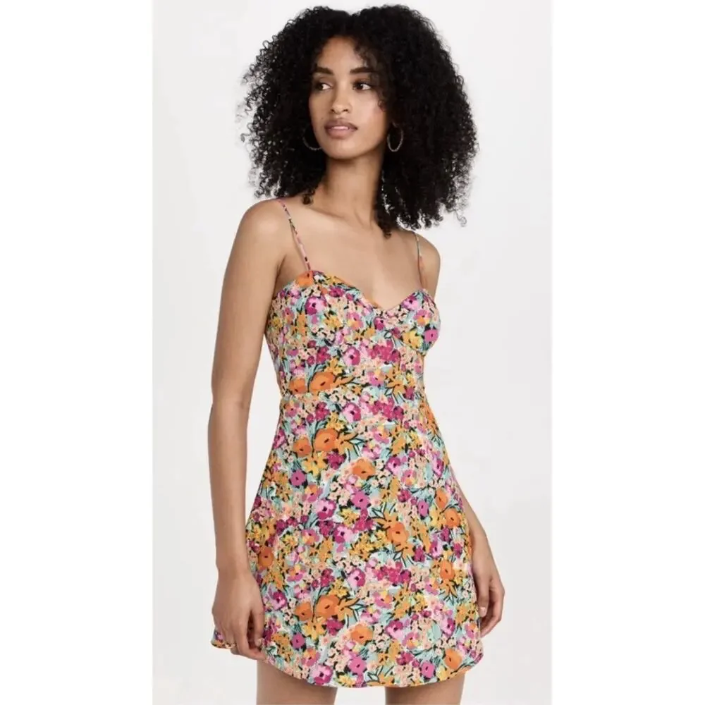 For Love And Lemons Orange Multicolor Floral Deena Mini Slip Dress Sz Xs - Picture 1 of 10